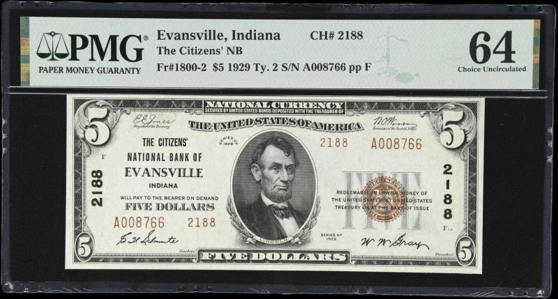 Evansville, Indiana. $5 1929 Ty. 2. Fr. 1800-2. Citizens NB. Charter #2188. PMG ...