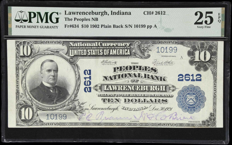 Lawrenceburgh, Indiana. $10 1902 Plain Back. Fr. 634. Peoples NB. Charter #2612....