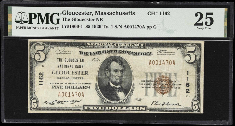 Gloucester, Massachusetts. $5 1929 Ty. 1. Fr. 1800-1. Gloucester NB. Charter #11...