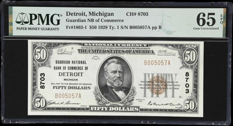 Detroit, Michigan. $50 1929 Ty. 1. Fr. 1803-1. Guardian NB of Commerce. Charter ...