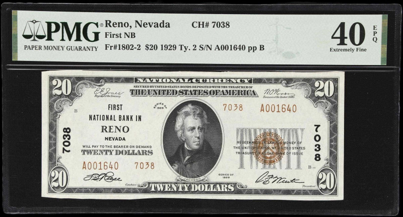 Reno, Nevada. $20 1929 Ty. 2. Fr. 1802-2. First NB. Charter #7038. PMG Extremely...