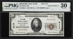 Ellenville, New York. 1929 Ty. 1 $20 Fr. 1802-1. The Home NB. Charter #2117. PMG Very Fine 30. Serial Number 4.
First chartered in 1873, this Ulster ...