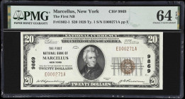 Marcellus, New York. 1929 Ty. 1 $20 Fr. 1802-1. First NB. Charter #9869. PMG Choice Uncirculated 64 EPQ.
A small town in Upstate New York that was on...