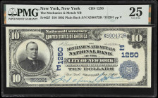 New York, New York. 1902 Plain Back $10 Fr. 627. Mechanics & Metals NB. Charter #1250. PMG Very Fine 25.
A common note by the total number of survivo...