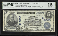 New York, New York. 1902 Date Back $5 Fr. 592. National Copper Bank. Charter #8665. PMG Choice Fine 15.
A common bank albeit one with a cool title, t...