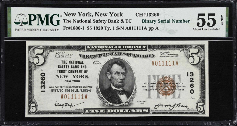 New York, New York. 1929 Ty. 1 $5 Fr. 1800-1. The National Safety Bank & TC. Cha...