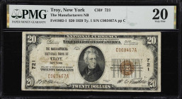 Troy, New York. 1929 Ty. 1 $20 Fr. 1802-1. Manufacturers NB. Charter #721. PMG Very Fine 20.
A note from this once prominent industrial powerhouse in...