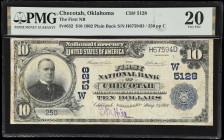 Checotah, Oklahoma. $10 1902 Plain Back. Fr. 632. First NB. Charter #5128. PMG Very Fine 20.
A note which hails from a small town in McIntosh County ...