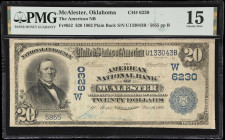 McAlester, Oklahoma. $20 1902 Plain Back. Fr. 652. American NB. Charter #6230. PMG Choice Fine 15.
A rare charter by the total recorded population of...