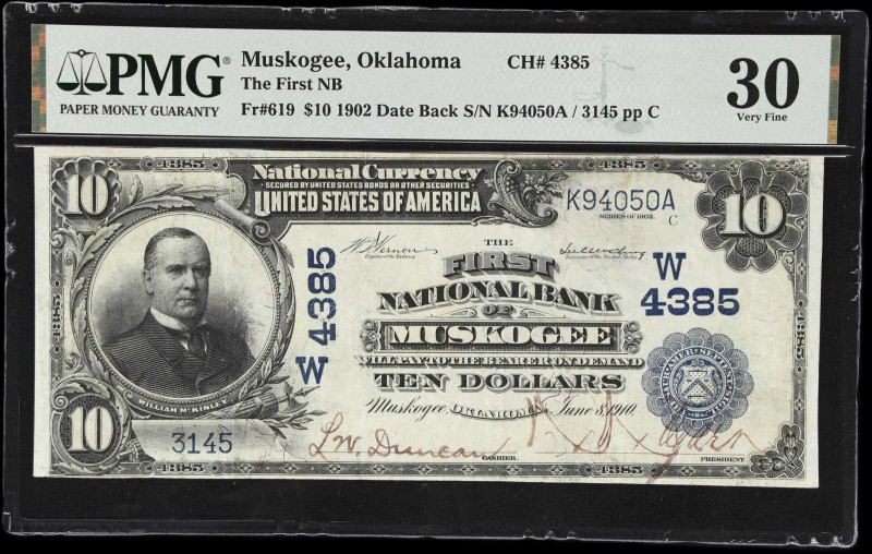 Muscogee, Oklahoma. $10 1902 Date Back. Fr. 619. First NB. Charter #4385. PMG Ve...