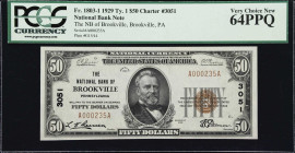 Brookville, Pennsylvania. $50 1929 Ty. 1. Fr. 1803-1. NB. Charter #3051. PCGS Currency Very Choice New 64 PPQ.
A handsome example of a scarce denomin...