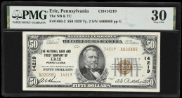 Erie, Pennsylvania. $50 1929 Ty. 2. Fr. 1803-2. NB & TC. Charter #14219. PMG Very Fine 30.
Among what was likely one of the last banks to charter pri...
