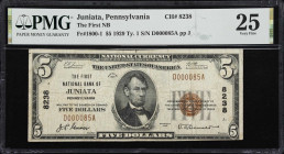 Juniata, Pennsylvania. $5 1929 Ty. 1. Fr. 1800-1. The First NB. Charter #8238. PMG Very Fine 25.
Hailing from Blair County in rural Pennsylvania, the...
