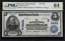 Maytown, Pennsylvania. $5 1902 Plain Back. Fr. 600. The Maytown NB. Charter #9461. PMG Choice Uncirculated 64.
One of 24 notes recorded here by the N...