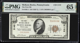 McKees Rocks, Pennsylvania. $10 1929 Ty. 1. Fr. 1801-1. First NB. Charter #5142. PMG Gem Uncirculated 65 EPQ.
A community close to Pittsburgh (if it ...