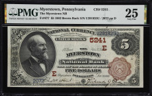 Myerstown, Pennsylvania. $5 1882 Brown Back. Fr. 477. Myerstown NB. Charter #5241. PMG Very Fine 25.
An evenly circulated example of this popular typ...