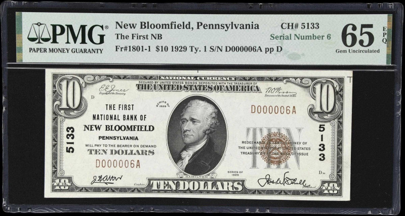 New Bloomfield, Pennsylvania. $10 1929 Ty. 1. Fr. 1801-1. First NB. Charter #513...