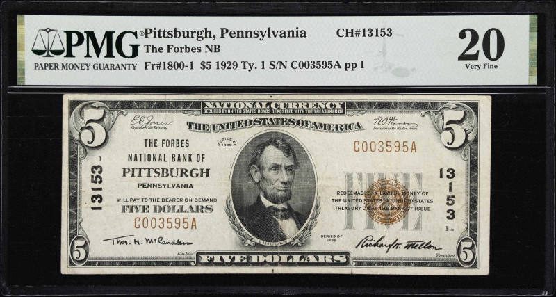 Pittsburgh, Pennsylvania. $5 1929 Ty. 1. Fr. 1800-1. Forbes NB. Charter #13153. ...