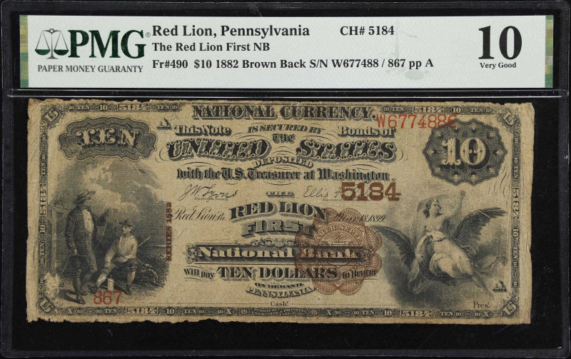 Red Lion, Pennsylvania. $10 1882 Brown Back. Fr. 490. The Red Lion First NB. Cha...