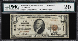 Russellton, Pennsylvania. $10 1929 Ty. 1. Fr. 1801-1. First NB. Charter #10493. PMG Very Fine 20.
A rare Allegheny County charter with 14 notes recor...