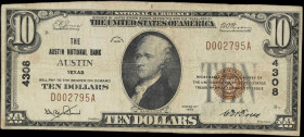 Austin, Texas. $10 1929 Ty. 1. Fr. 1801-1. The Austin NB. Charter #4308. Choice Fine.
A prominent charter from the Capital of Texas that lasted throu...