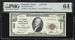 Gonzales, Texas. $10 1929 Ty. 1. Fr. 1801-1. Farmers NB. Charter #8392. PMG Choice Uncirculated 64 EPQ.
A Texas bank that should be more frequently e...