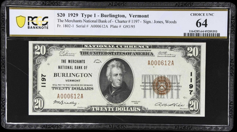 Burlington, Vermont. $20 1929 Ty. 1. Fr. 1802-1. The Merchants NB. Charter #1197...