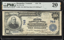 Montpelier, Vermont. $10 1902 Plain Back. Fr. 624. First NB. Charter #748. PMG Very Fine 20.
A long-lived charter from Vermont's capital, this note d...