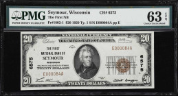 Seymour, Wisconsin. $20 1929 Ty. 1. Fr. 1802-1. First NB. Charter #6575. PMG Choice Uncirculated 63 EPQ.
Hailing from a small town in Outagamie Count...