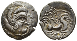 CELTIC COINS/ KELTEN. Northwest Gaul. Coriosolites. Billon Stater (circa 100-50 BC).

Obv: Stylized head right.
Rev: Stylized charioteer driving biga ...