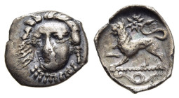 CAMPANIA. Phistelia. Obol (circa 325-275 BC).

Obv: Head of nymph facing slightly left.
Rev: Lion crouching left; star above; in exergue, coiled serpe...