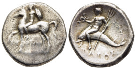 CALABRIA. Tarentum. Didrachm- Nomos (circa 272-240 BC. 

Obv: Nude warrior on horseback to left, wearing helmet, shield on left arm; EY to left, API-Σ...