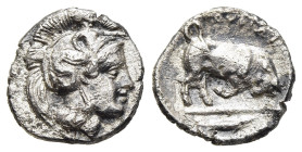 LUCANIA. Thourioi. Triobol (circa 443-400 BC).

Obv: Helmeted head of Athena right.
Rev: ΘΟΥΡΙΩΝ.
Bull standing right, with head lowered; in exergue, ...