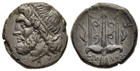 SICILY. Syracuse. Hieron II (275-215 BC). Ae.

Obv: Head of Poseidon left, wearing tainia.
Rev: ΙΕΡΩ - ΝΟΣ/ ΛY
Ornamented trident head flanked by two ...