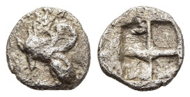ISLANDS off THRACE. Samothrace. Obol (circa 500-475 BC).

Obv: Sphinx seated left, raising forepaw.
Rev: Quadripartite incuse square.

HGC 6, 308.

Co...