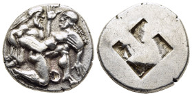 ISLANDS off THRACE. Thasos. Stater (circa 500-480 BC).

Obv: Ithyphallic satyr advancing right, carrying off protesting nymph.
Rev: Quadripartite incu...