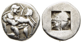 ISLANDS off THRACE. Thasos. 1/3 Stater or Drachm (circa 500-480 BC).

Obv: Ithyphallic satyr advancing right, carrying off protesting nymph.
Rev: Quad...