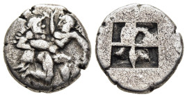 ISLANDS off THRACE. Thasos. 1/3 Stater or Drachm (Circa 500-480 BC).

Obv: Ithyphallic satyr advancing right, carrying off protesting nymph.
Rev: Quad...