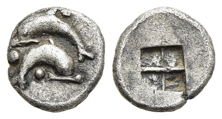 ISLANDS off THRACE. Thasos. 1/16 Stater or Obol (circa 500-480 BC).

Obv: Two do...