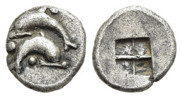ISLANDS off THRACE. Thasos. 1/16 Stater or Obol (circa 500-480 BC).

Obv: Two dolphins swimming in opposite directions; three pellets around.
Rev: Qua...