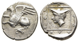 THRACE. Abdera. Tetrobol (circa 411-385 BC). Herophaneos, magistrate.

Obv: Griffin springing left off of Ionic capital.
Rev: Head of Hermes left, wea...