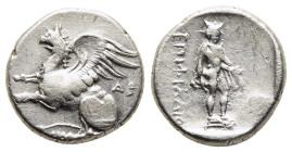 THRACE. Abdera. Tetrobol (circa 354-353 BC). Philaios, magistrate.

Obv: Griffin springing left; above, ΑΒ.
Rev: Statue of Hermes on small base; to ou...