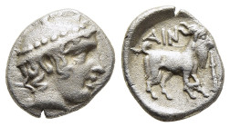 THRACE. Ainos. Diobol (late 5th century BC).

Obv: Head of Hermes right, wearing petasos.
Rev: Goat standing right; club below raised foreleg.

HGC 3....