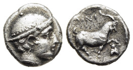 THRACE. Ainos. Diobol (late 5th century BC).

Obv: Head of Hermes right, wearing petasos.
Rev: Goat standing right; cicada below raised foreleg.

HGC ...