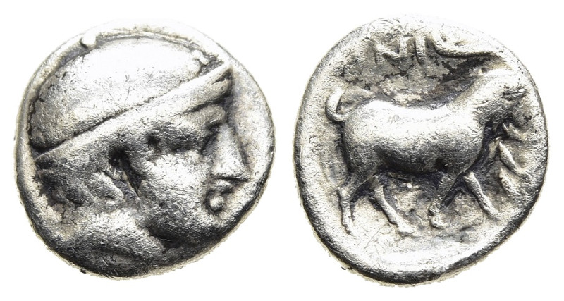 THRACE. Ainos. Diobol (late 5th century BC).

Obv: Head of Hermes right, wearing...