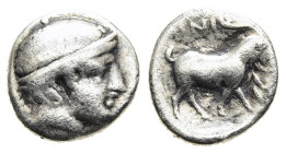 THRACE. Ainos. Diobol (late 5th century BC).

Obv: Head of Hermes right, wearing petasos.
Rev: Goat standing right; laurel brach below raised foreleg....