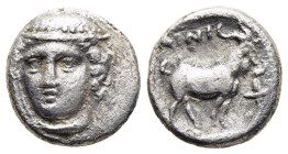 THRACE. Ainos. Tetrobol (Circa 380/70-378/7 BC).

Obv: Head of Hermes facing slightly left, wearing petasos.
Rev: AINION.
Goat standing right; torch t...