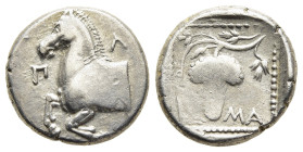 THRACE. Maroneia. Tetrobol (circa 377-365 BC).

Obv: Π-Λ
Forepart of horse left.
Rev: MA
Grape bunch on vine in dotted linear square; rhyton to lower ...