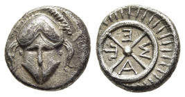 THRACE. Mesambria. Diobol (circa 420-320 BC).

Obv: Facing helmet.
Rev: M - E - T - A.
Four-spoked wheel.

SNG BM Black Sea 268-9 & 271; HGC 3.2, 1560...