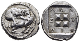MACEDON. Akanthos. Tetradrachm (circa 430-390 BC). Struck under the magistrate Thersas. 

Obv: ΘEPΣAΣ 
Lion to right, attacking bull collapsing to lef...